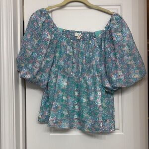 Floral Off-Shoulder Puff Sleeve Top - Teal Floral